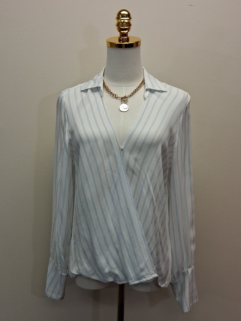 BB Dakota Blue White Striped Wrap Front Blouse Shirt Size Small